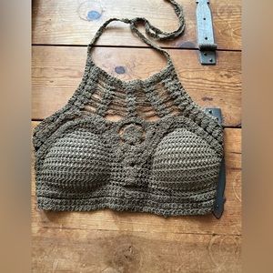 Olive green crocheted halter top